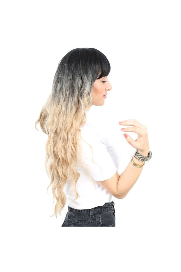 Perçemli Long Water Wave Fiber Sen Wig / Black / Honey Foam Ombre
