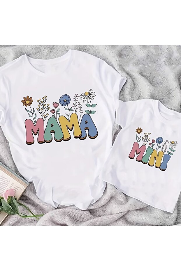 Mama Mini Floral Printed Mother Son T-Shirt (Single Item, Can Be Combined, Prices Are Separate)