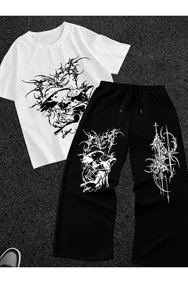 Unisex Women's Men's Cross Deisgn Mix Printed Oversize Tshirt and Baggy Sweatpants - Summer Two-Piece Tracksuit Set
