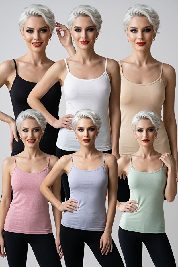 6-Piece Mega Pack Women's Thin String Strap Cotton Undershirt Extra Ribbed U-Neck Flexible Comfortable Daily Basic Underwear Plus Size