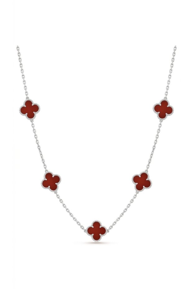 Silver Color Double Sided Clover Necklace with Burgundy Stones