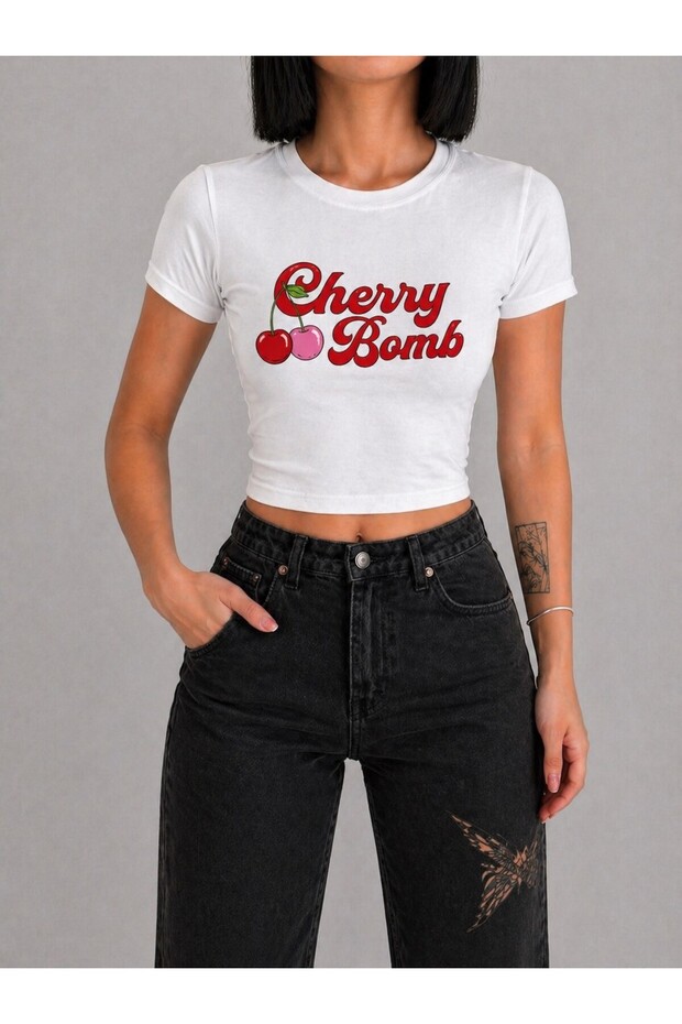 Women's White Color Printed Basic Slim Fit T-Shirt