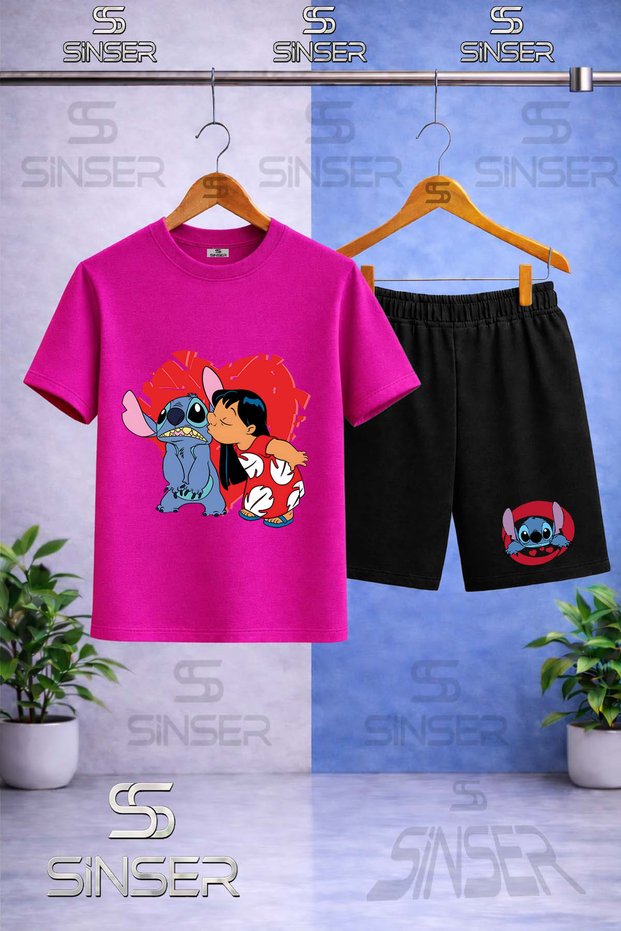 Children's Stic Girls Heart-Printed Crew Neck T-Shirt - Shorts Set