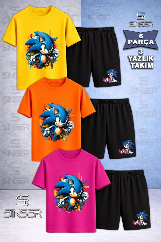 Children's Snic Half Fist Printed Crew Neck 3-Piece T-Shirt - Shorts Set