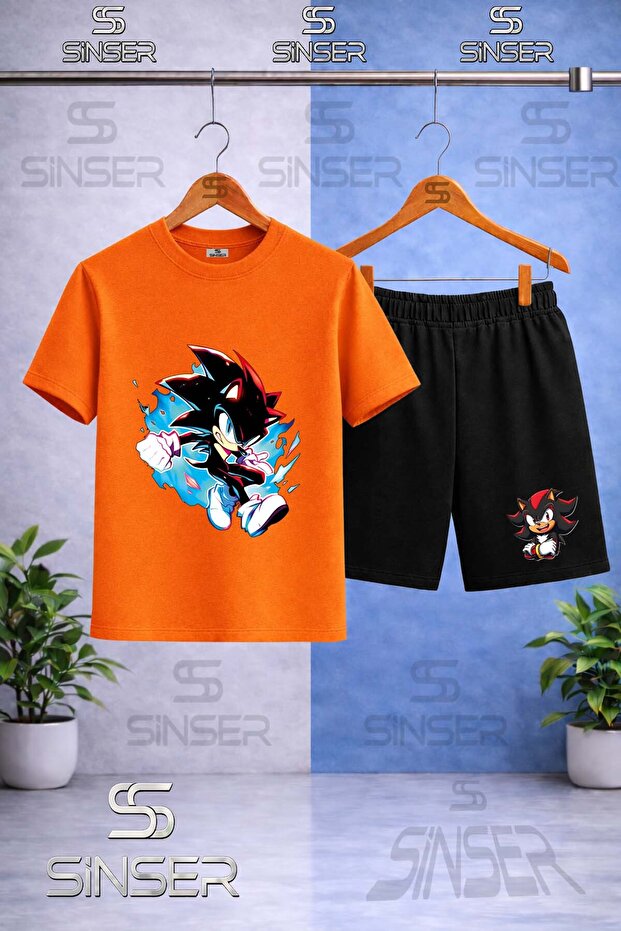 Children's Snic Black Blue Canvas Printed Crew Neck T-Shirt - Shorts Set