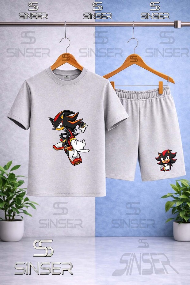 Children's Snic Hucum Black Printed Crew Neck T-Shirt - Shorts Set