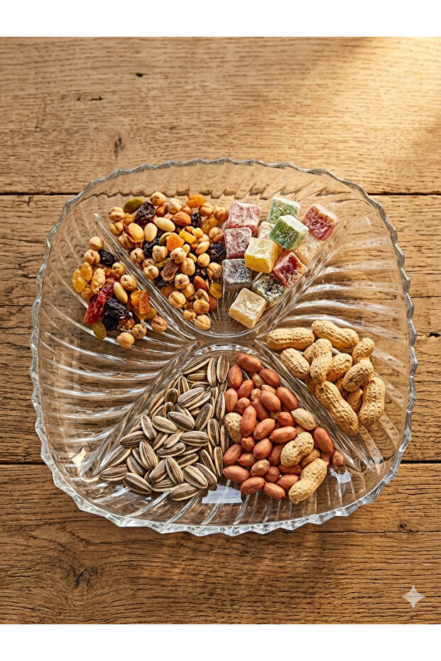 4-Compartment Crystal Glass Presentation Plate - 24X24 cm Large Size Snack and Fruit Bowl