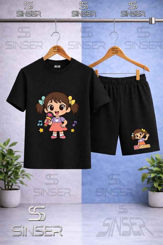 Children's Sinser Girls Printed Crew Neck T-Shirt with Microphone - Shorts Set