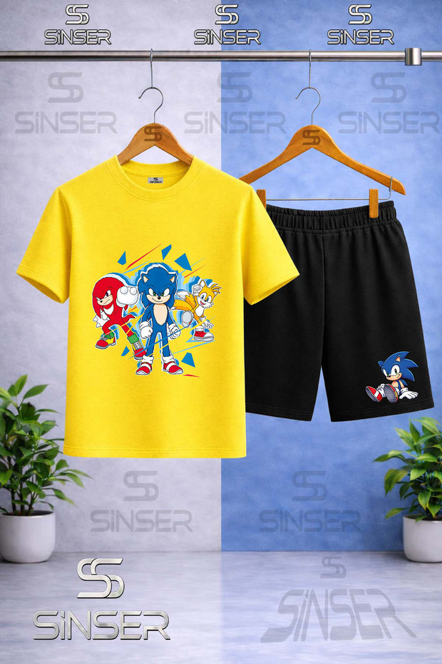 Children's Snic Cut-Edge Painted Printed Crew Neck T-Shirt - Shorts Set