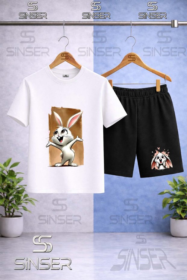 Children's Tavsan Canvas Brown Printed Crew Neck T-Shirt - Shorts Set