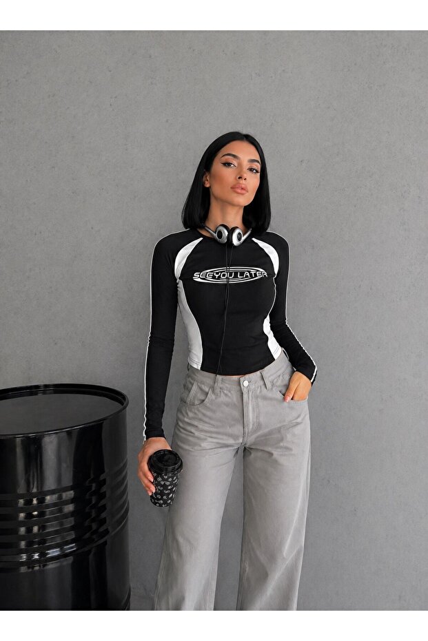 Women's Contrast Detailed Slim Fit Long Sleeve Crop Blouse
