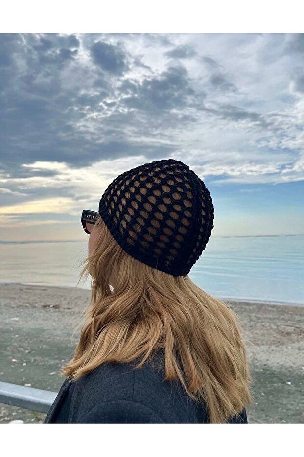 Black Openwork Crochet Beanie Bandana Hat