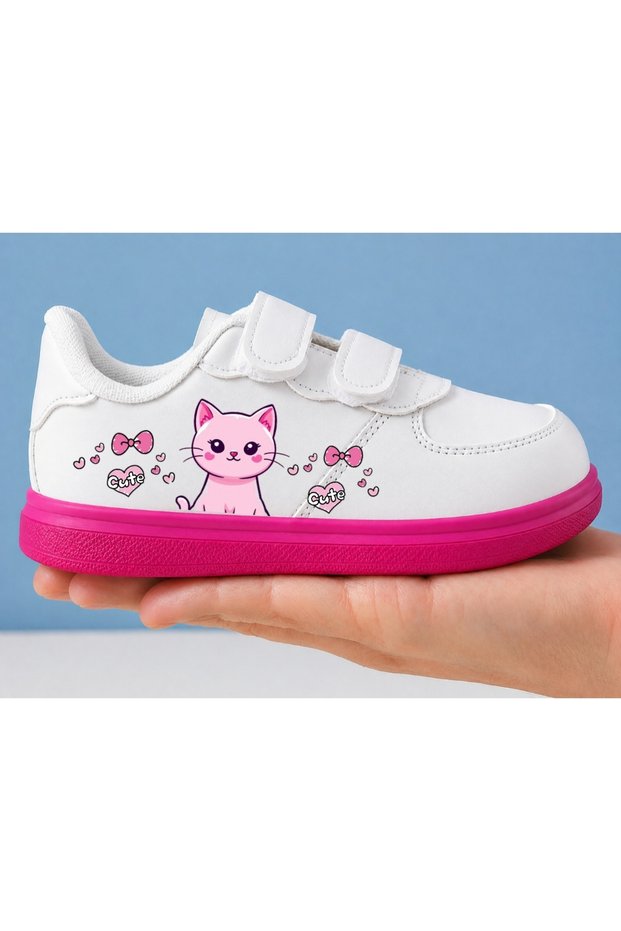 Animated Character Printed Girls' and Boys' Sports Shoes with Velcro Fasteners and White Sneaker Bands