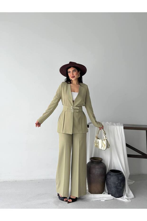 Women's Pleated Detailed Double Belted Blazer Jacket Pants Double Suit