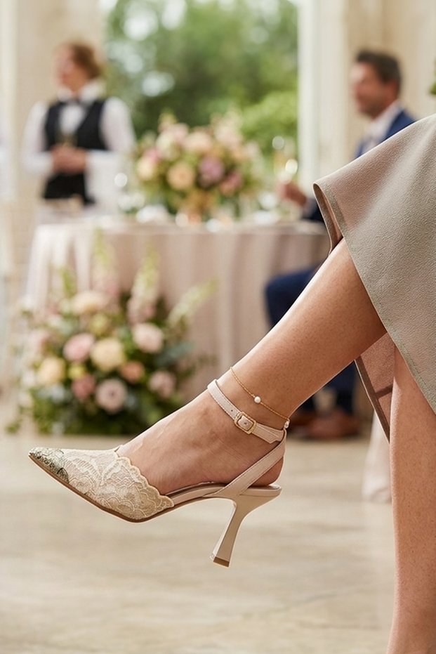 Women's Leather Lace Ankle Strap Stiletto Shoes with Gold Tip Detail