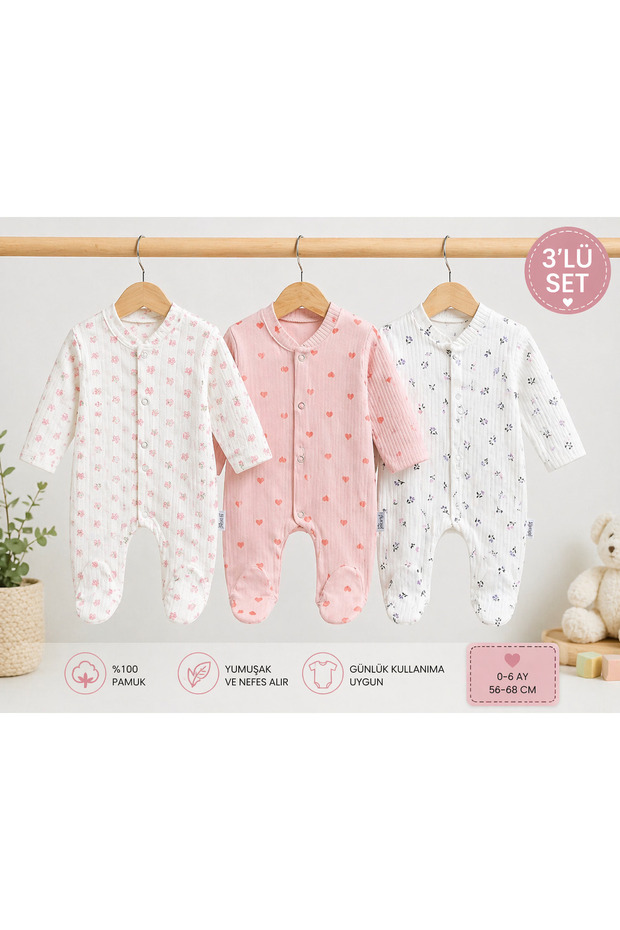 Baby Girl Floral Patterned 3-Piece Booties Jumpsuit Set Rib 100% Cotton Long Sleeve