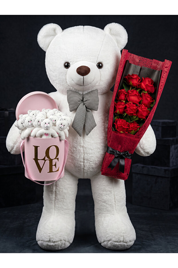 90cm Large White Plush Bear 15-Piece Mini Teddy Bear Pink Love Box & Red Rose Bouquet Valentine's Birthday Concept Gift Set