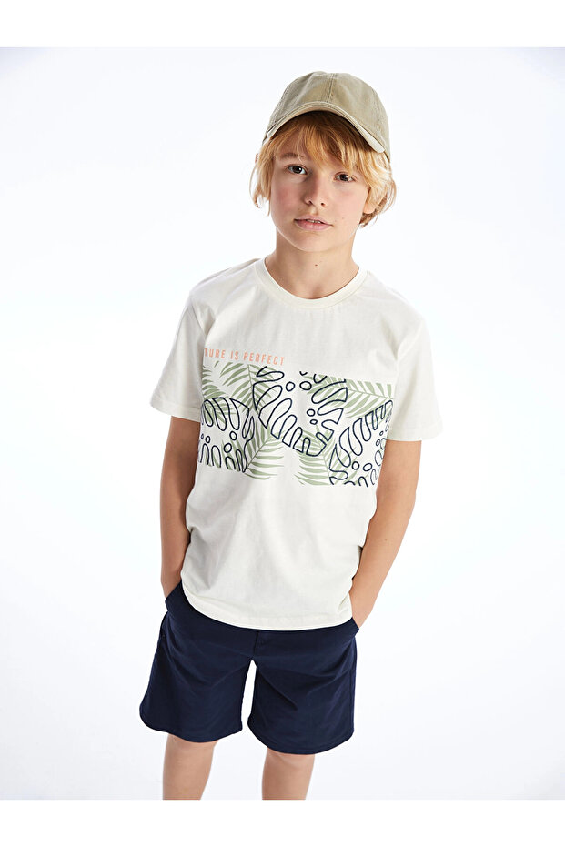 Lcw Kids Ecru Crew Neck Printed Short Sleeve Boys T-Shirt