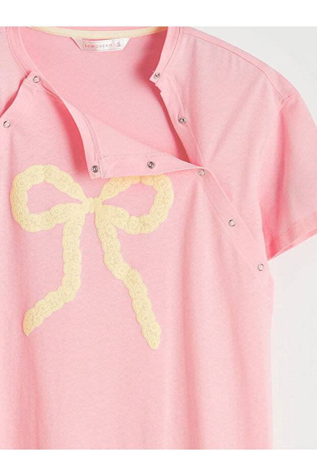 Pink Crew Neck Maternity Nightgown with Bow Embroidery