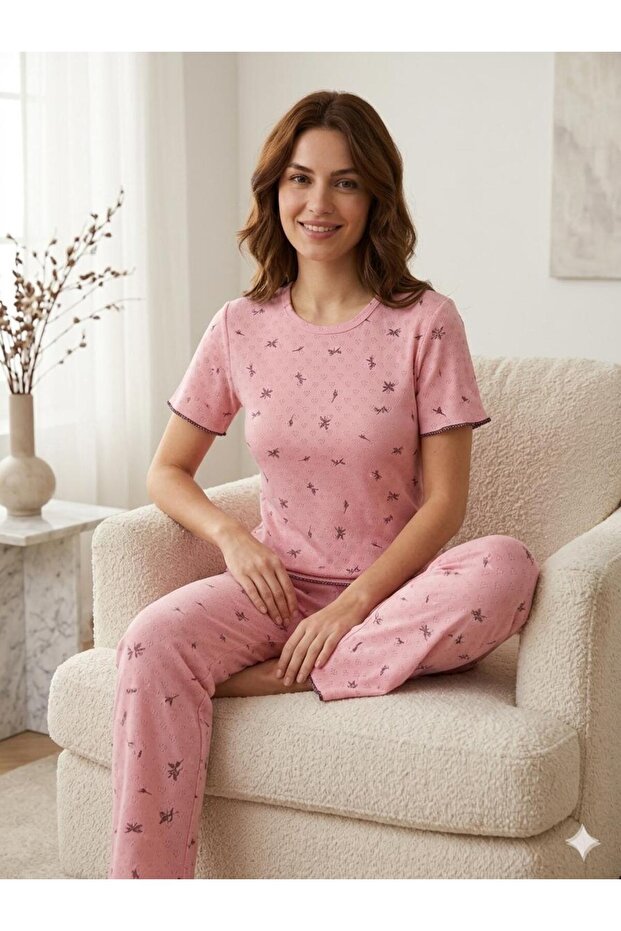 Summer Knitted Patterned Women's Short Sleeve Pajama Set