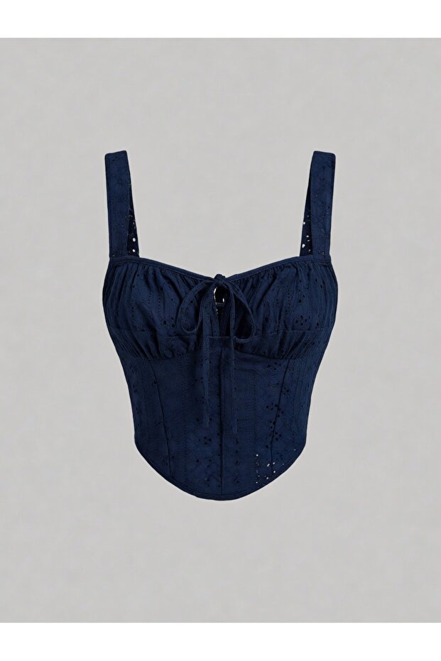 Navy Blue Embroidered Patterned Chest-Cut Out Front Lace-Up Strap Crop Top, Navy Blue Scallop Embroidered Corset Crop Top