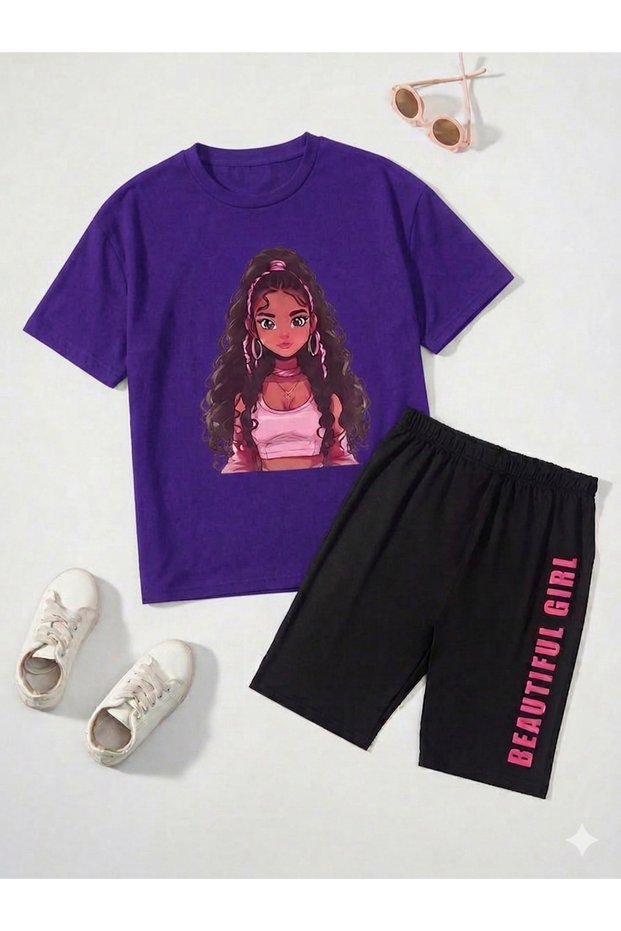 Boy's - Girl's T-Shirt Shorts Set 100% Cotton Summer Comfortable Fit Printed T-Shirt Children's Combination