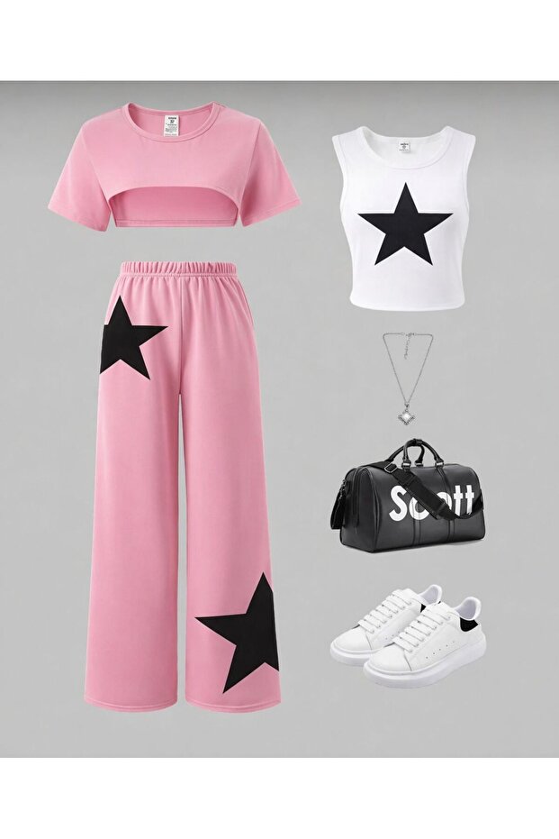Girls' Star Printed Wide-Leg Pants, Crop Top and Tank Top Three-Piece Set