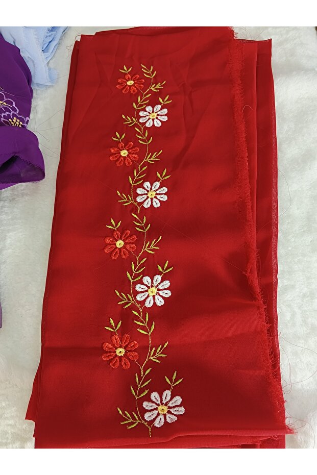 Elegant Flower Pattern Embroidered Crepe Fabric Prayer Cover, Dowry Mevlit Headscarf Without Needlework