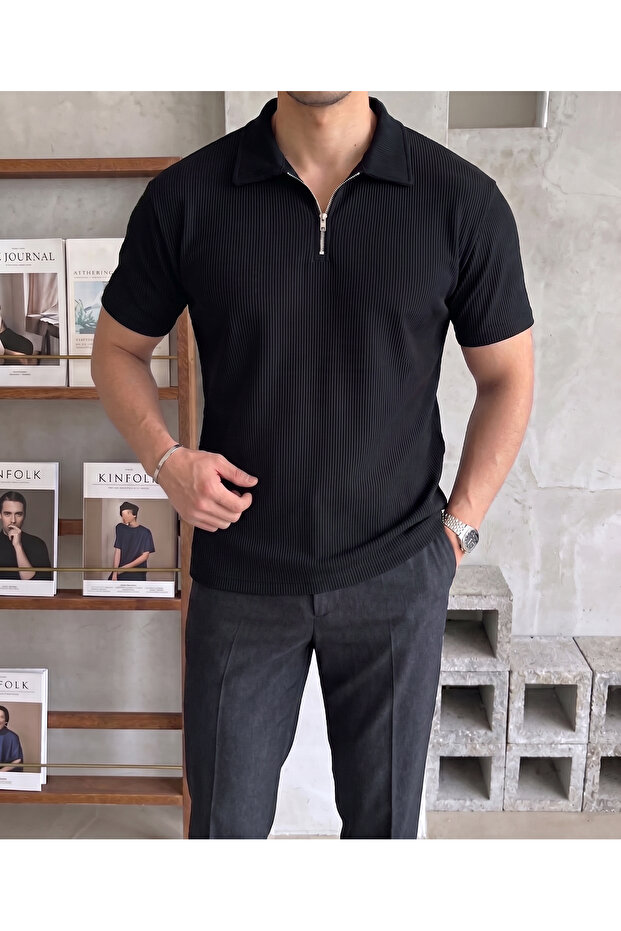 Half Zipper Ribbed T-Shirt Cotton Polyester Full Fit Wide