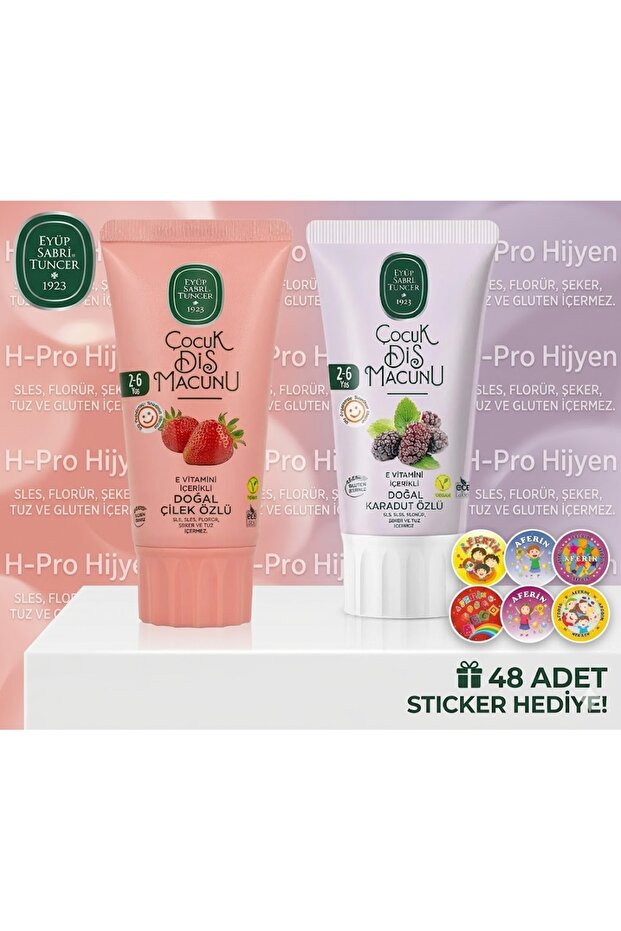 2-6 Years Old Children's Toothpaste Set - Strawberry & Black Mulberry Extract + 48 Stickers as a Gift, H-Pro Hygiene