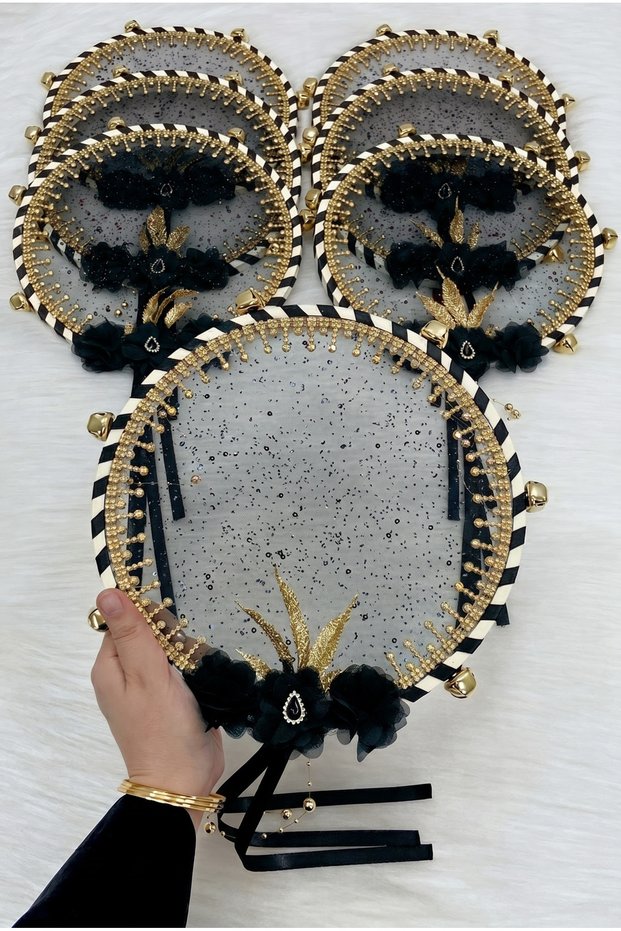 Black Bridal Bridesmaid Tambourine, Shiny Stone, Flower and Sparkling Sequin Decorated, Wedding Henna Night Bride Circumcision Party Event 1 Piece