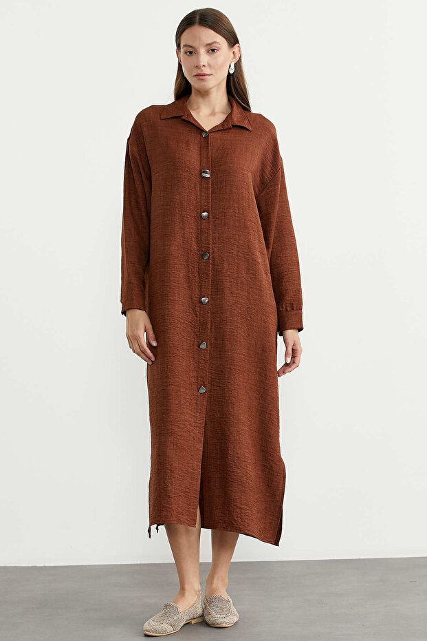 Linen Look Flowy Shirt Dress - Brown