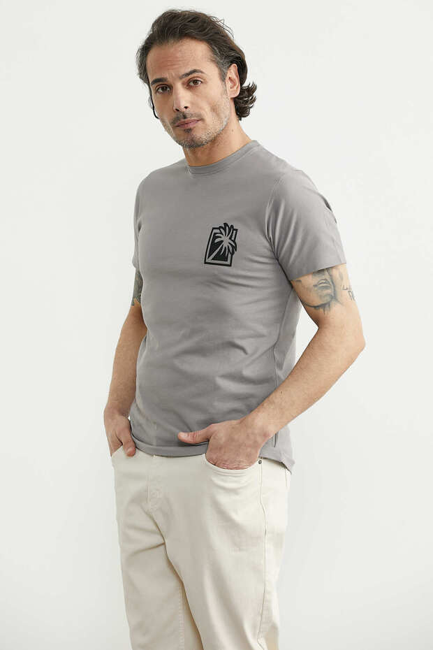 Palm Tree Printed Basic Short Sleeve T-Shirt - Gray - 3