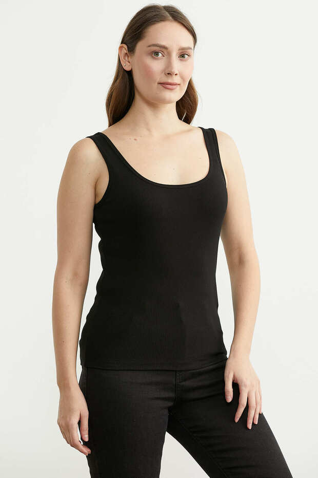 Thick Strap Cotton Ribbed Basic Undershirt - Black - 4