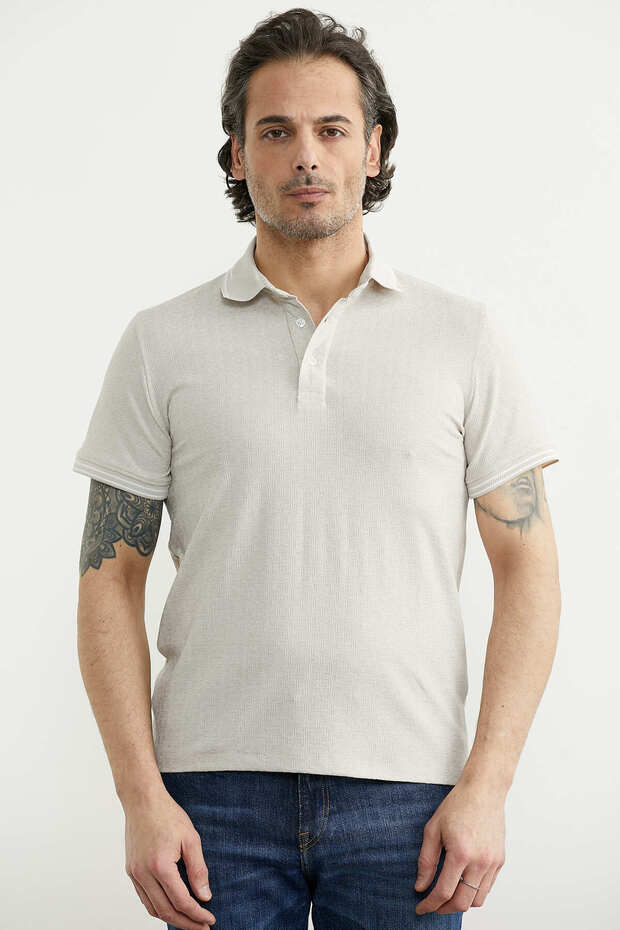 Polo Collar Buttoned T-Shirt - Stone