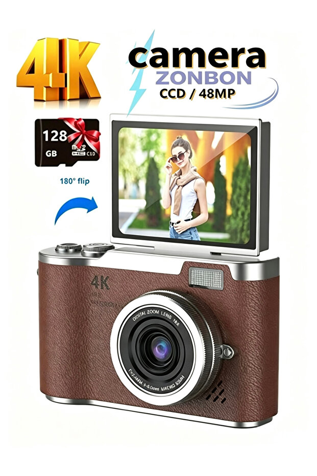كاميرا رقمية مزودة ببطاقة ذاكرة SD سعة 128 جيجابايت، وكاميرا رقمية بدقة 4K مع تقريب رقمي CCD، وكاميرا بشاشة قابلة للطي بزاوية 180 درجة بدقة 48 ميجابكسل