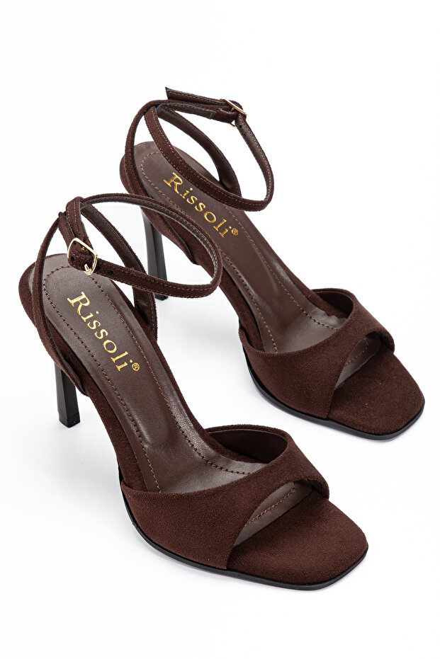 Brown Suede Ankle Strap Single Strap Heeled Women's Sandals