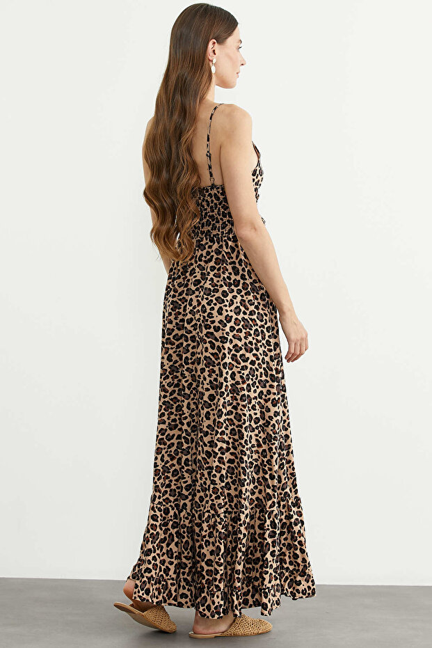 Leopard Patterned Strappy Long Dress - Beige - 6