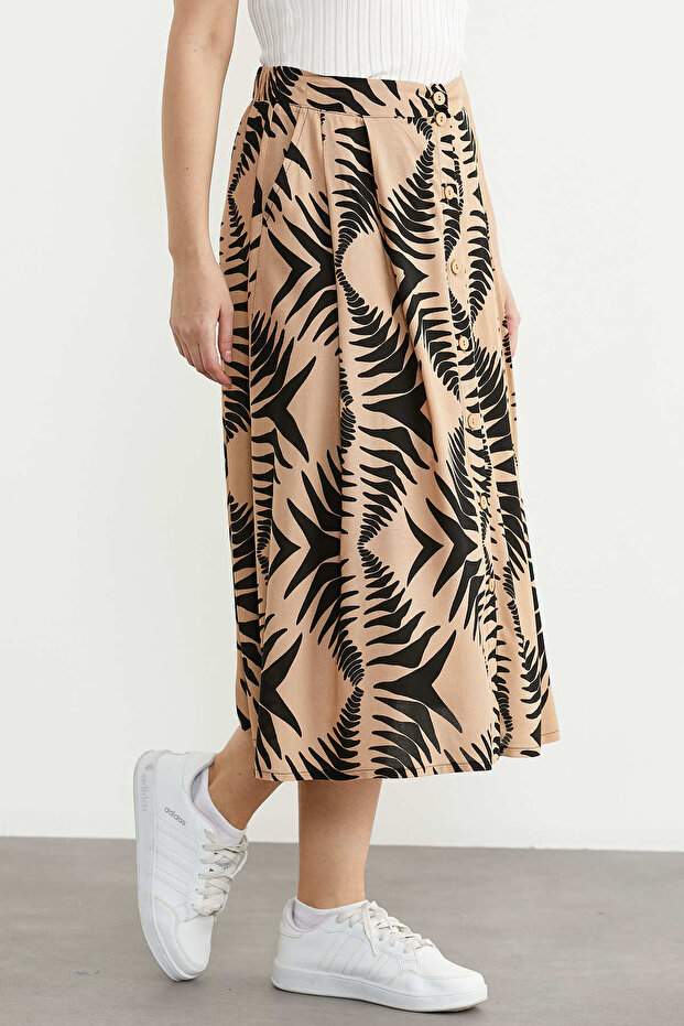 Viscose Flared Patterned Skirt - Camel - 4