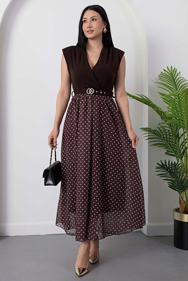 Double-Breasted Collar Belted Polka Dot Chiffon Dress Grs3911
