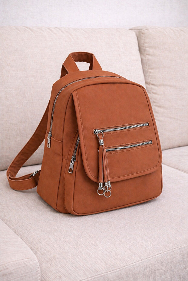 Women's Tan Mini Multi-Compartment Fabric Backpack – Daily Use Bag with Flap Pocket Detail