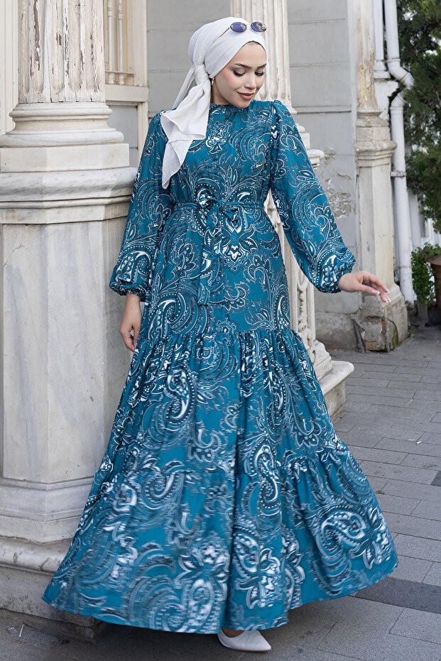 Patterned Hijab Jessica Dress B587 Petrol