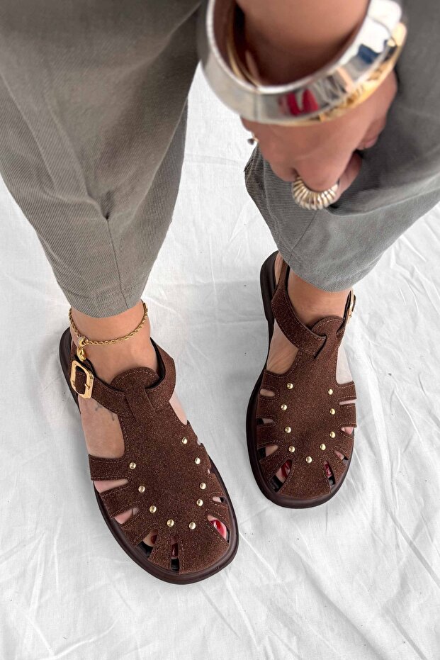 Alessia Bitter Brown Suede Women's Sandals with Pin Detail