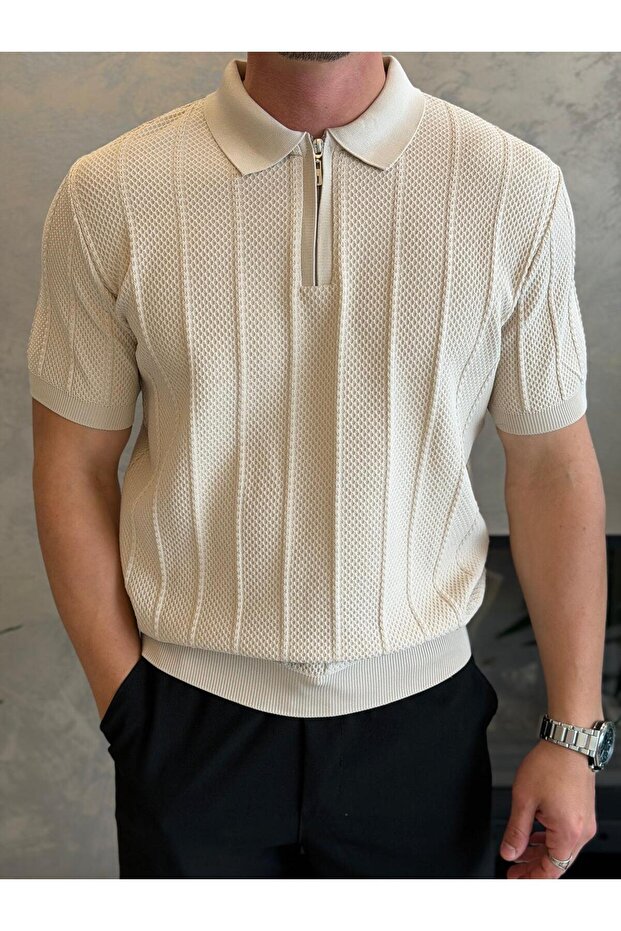 Men's Relaxed Fit Honeycomb Textured Knitwear Tshirt Beige Eca075