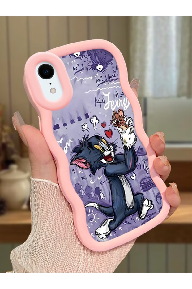 iPhone Xr Compatible Shockproof Simple Pink Silicone Phone Case Tom and Jerry Pattern