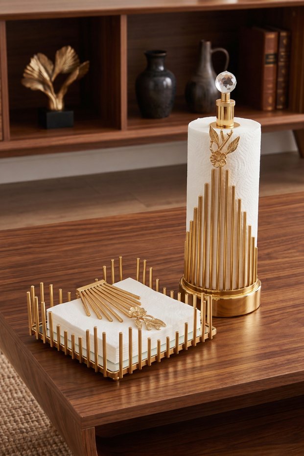 2-Piece Gold Mirrored Luxury Square Napkin Holder and Gold Metal Luxury Towel Napkin Holder Set Kitchen Serving Tray Dowry Box Zenith