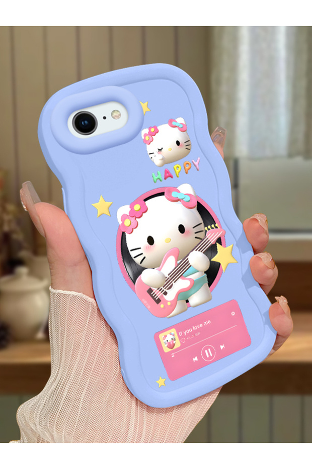 iPhone Se 2020 Compatible Shockproof Simple Blue Silicone Phone Case Hello Kitty Pattern