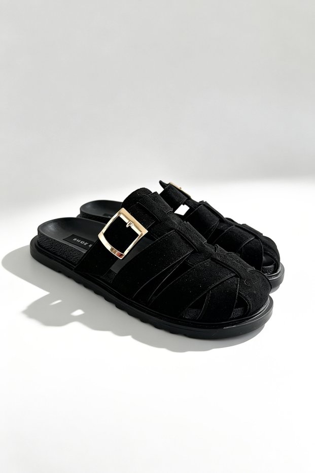 Mirella Black Suede Buckle Detail Women's Slippers