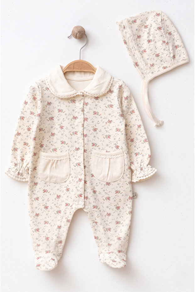 Baby Girl Jumpsuit with Rose Pattern and Pocket, Comes with Gloves