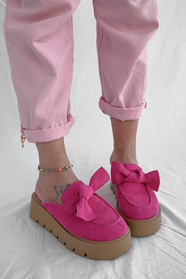 Donatella Fuchsia Suede Bow Detail High Sole Women's Slippers